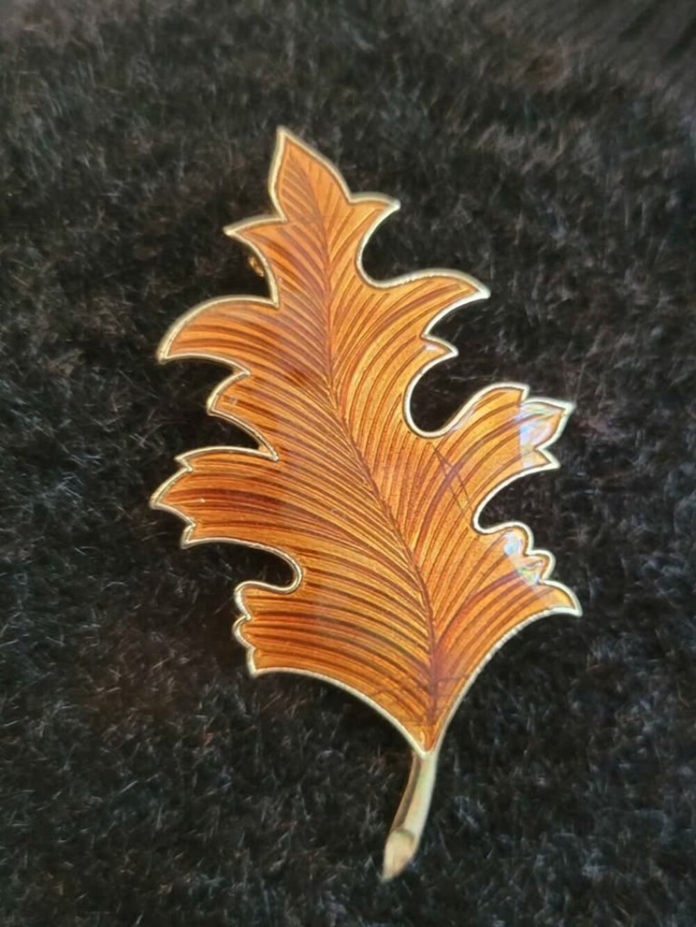 VTG Guilloche Gold-Tone Leaf Brooch Orange And Brown Guilloché Enamel Detailing